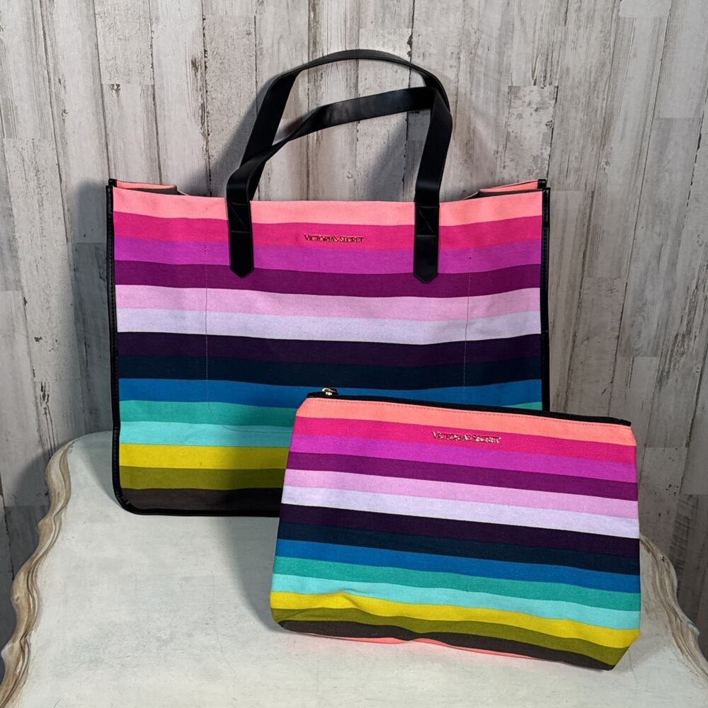 Victoria’s Secret Rainbow Stripe Tote Set New With Flaws